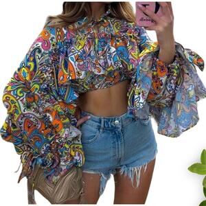 V-Neck Collar Blouse with Blue Butterfly Ruffle Sleeves